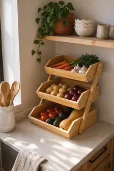 Organizador de Frutas y Verduras de Bambu: Cocina Ordenada y Natural