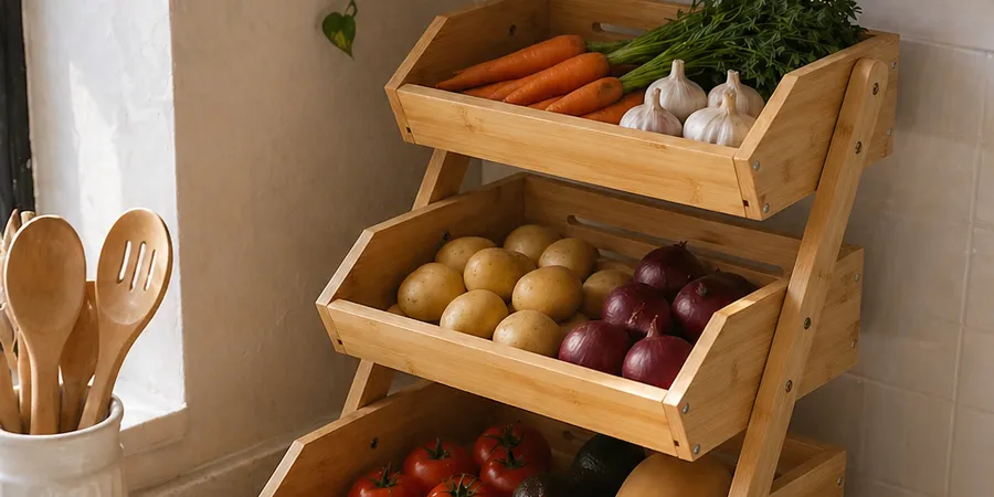 Organizador de Frutas y Verduras de Bambu: Cocina Ordenada y Natural