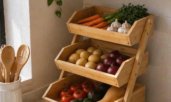 Organizador de Frutas y Verduras de Bambu: Cocina Ordenada y Natural